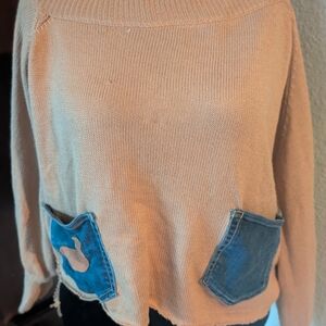 Casual Tan Sweater with Denim Accents